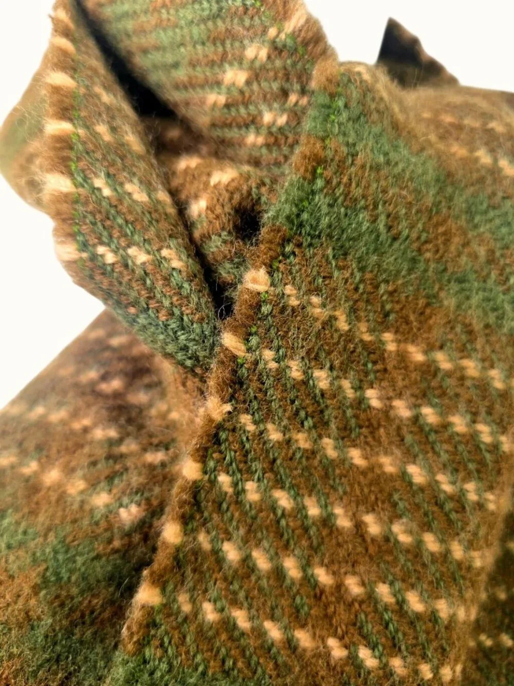 Vintage Handmade Heavy Wool Woven Wrap Shawl Green Stripe Fringed 52x10.5 Unisex